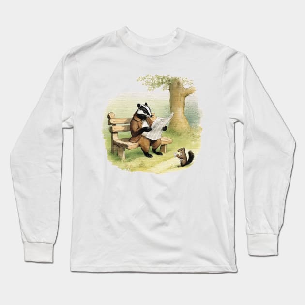 badger sitting on a bench reading a newspaper Long Sleeve T-Shirt by JnS Merch Store